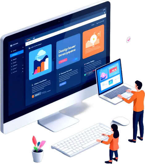 Stilisierte Personen arbeiten am WordPress Hosting an übergroßen Computern