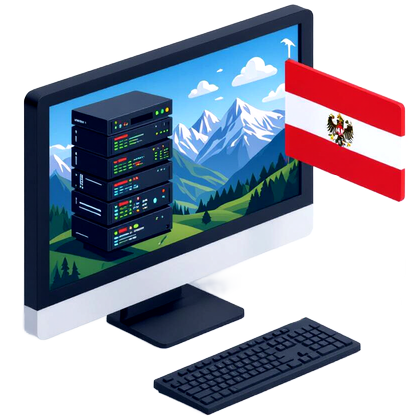 Ein Computerbild mit Bergen, der österreichischen Fahne und einem Server. Symbolisiert Webspace aus Österreich.